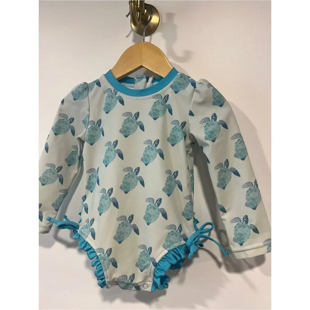 Caden Lane Tropical Turtles Blue Long Sleeve Rashguard Swimsuit Ruffles 2T